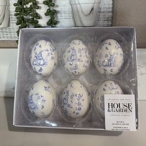 Farmhouse House & Garden Rabbit Seasonal Egg Decor Set Of 6 Blue & White